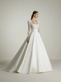 Ballgown Wedding Dress with Square Neckline Vestido De Novia Bow Satin Court Train Sleeves Bridal Gowns Modern Princess White Mermaid Satin