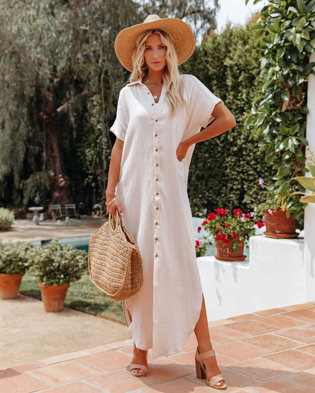 Summertime Cotton Button Down Maxi Dress Cream