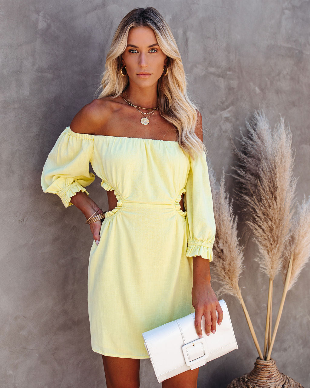 Sundance Linen Blend Off The Shoulder Cutout Dress Yellow