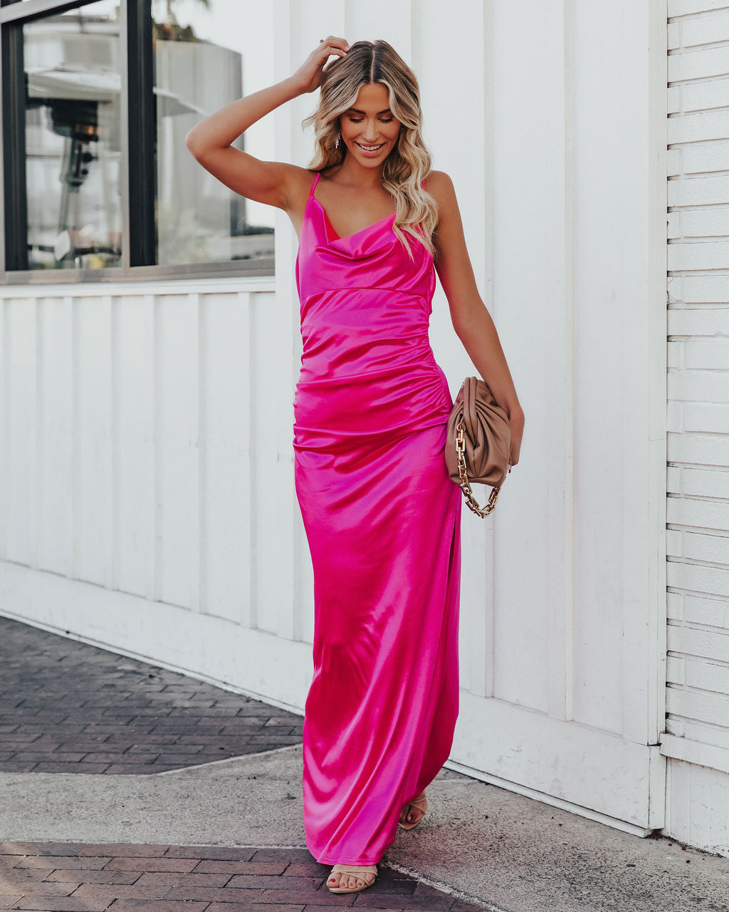 Take Care Satin Cowl Neck Maxi Dress Fuchsia FINAL