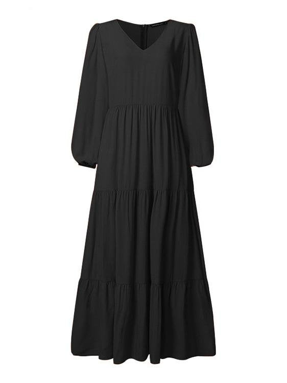 Temperament V Neck Long Sleeve Flowy Dress
