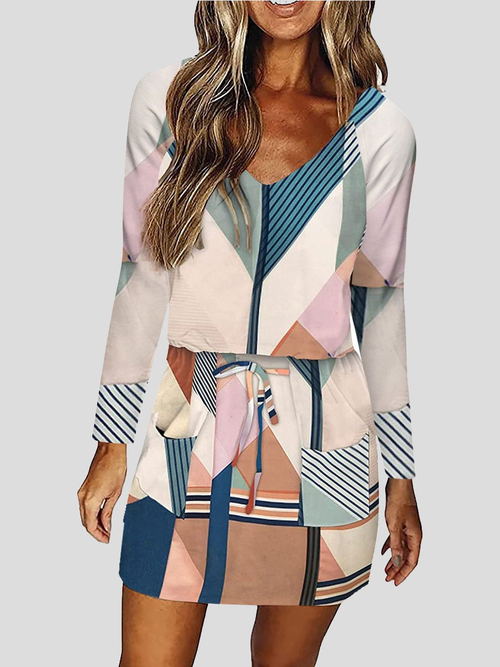 V Neck Lace Up Multicolor Printed Long Sleeve Dress