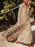 V neck Long sleeved Casual Floral Big Swing Dress