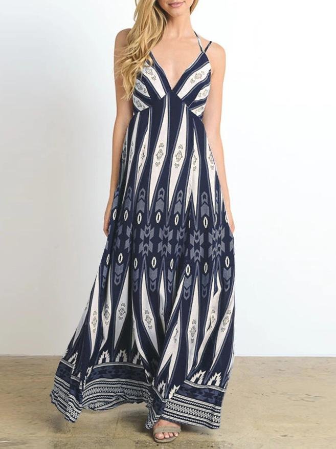 V neck Retro Print Suspender Long Dress