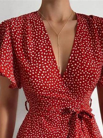 V neck Ruffled Belt Wrap Mini Dress