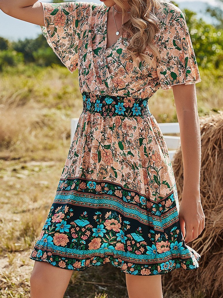 V Neck Short Sleeve Boho Print Dress