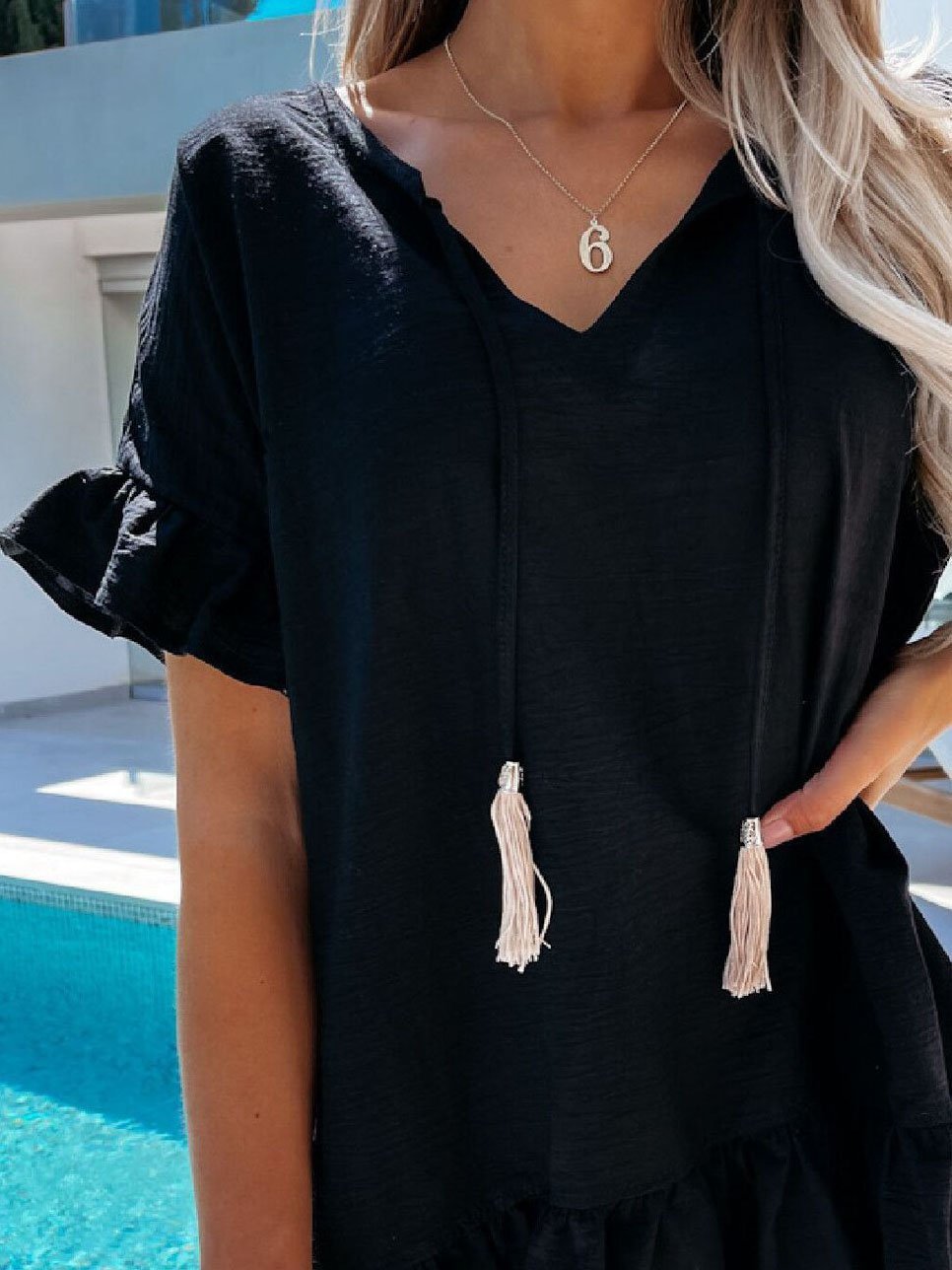 V neck Short Sleeve Dangle Mini Dress