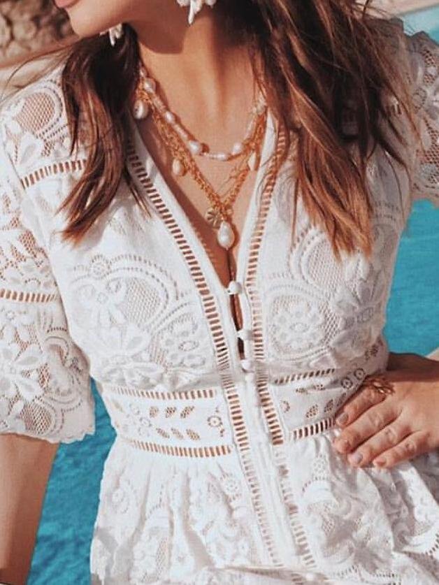 V neck Short Sleeve Hollow Lace Dress