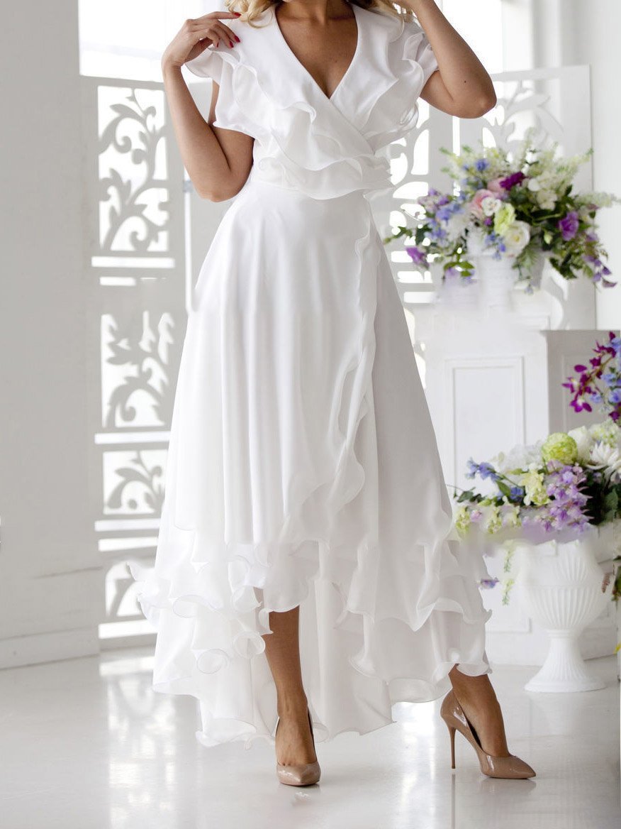 V Neck Short Sleeve Ruffled Elegant Dress