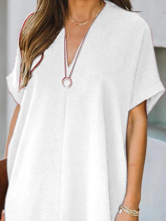 V neck Short Sleeve Solid Color Loose Dress