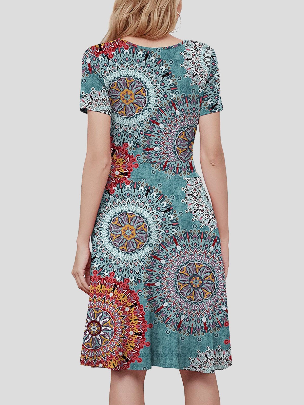 V neck Short sleeved Sun Flower Print Dress