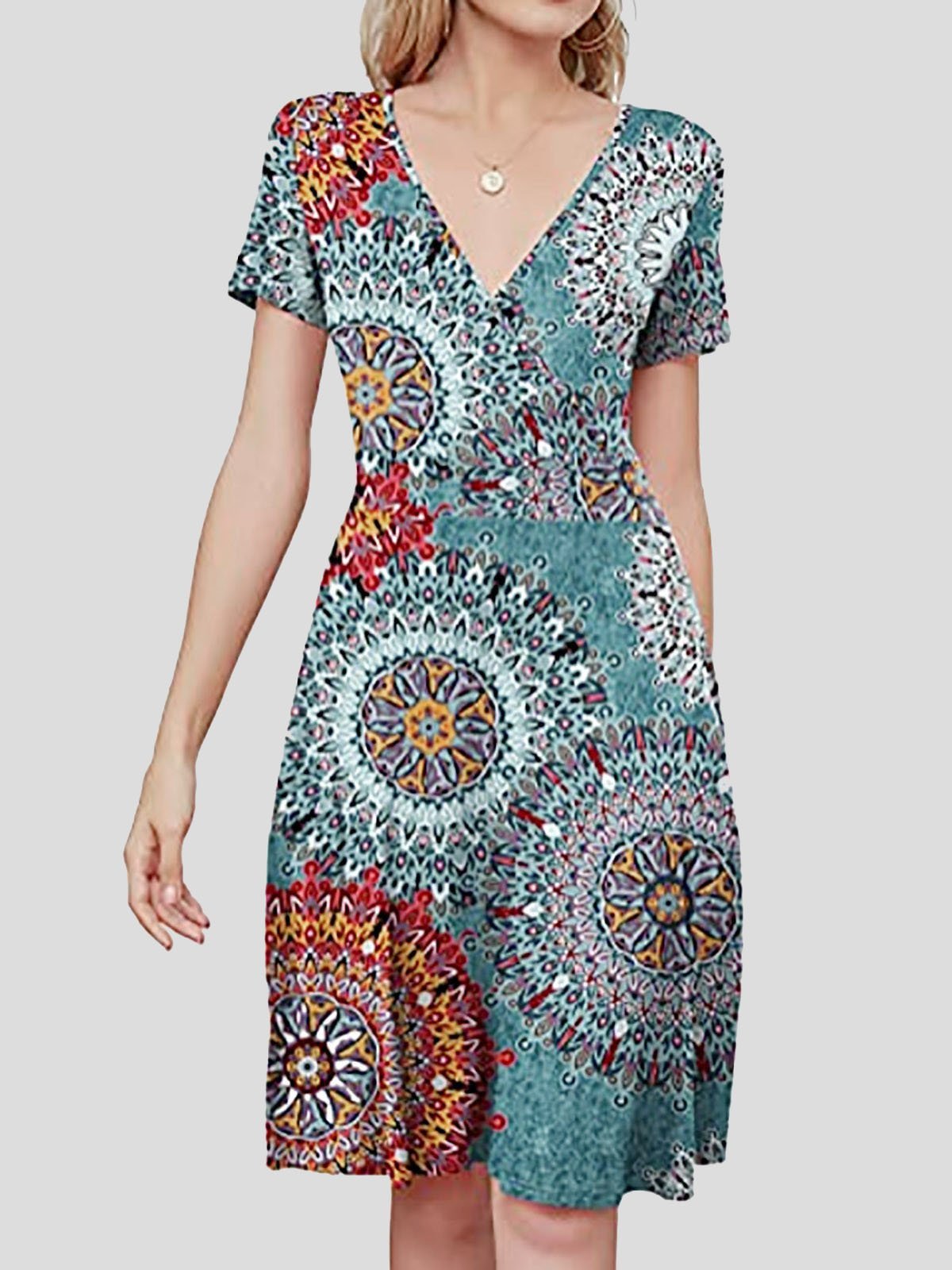 V neck Short sleeved Sun Flower Print Dress