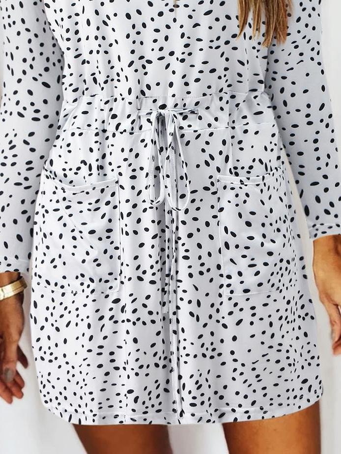 V Neck Slot Pocket Lace Up Long Sleeve Casual Dress