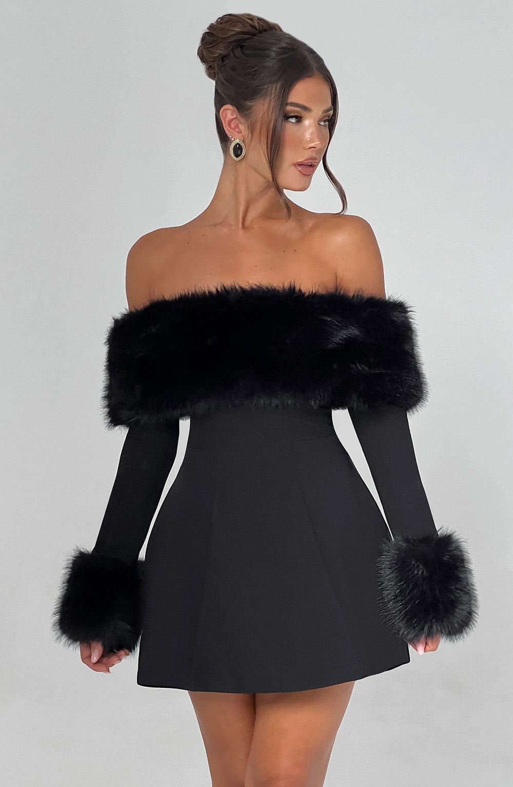 Rory Off Shoulder Fur Sleeve Mini Dress