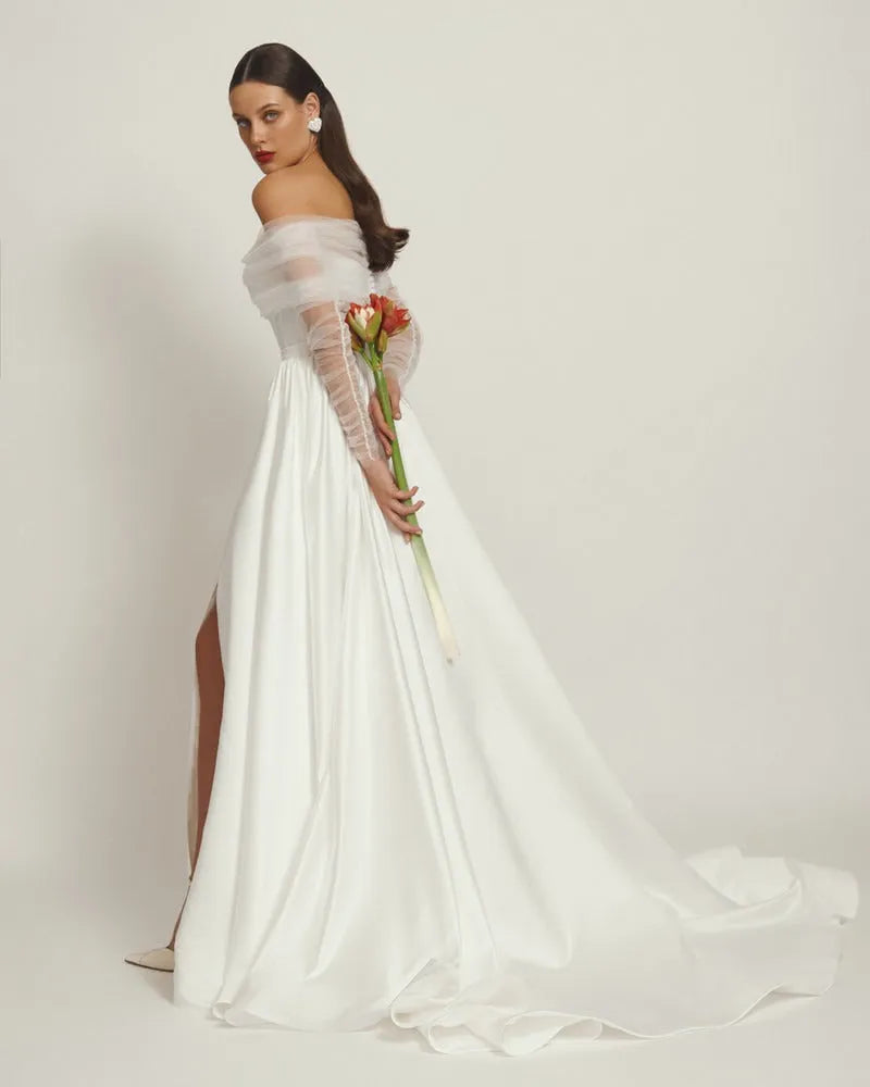 Detachable A-Line Skirt Train with Side Slit Wedding Dress Vestido De Novia Court Train Dress Satin Bow Bridal Gown Skirt Dress