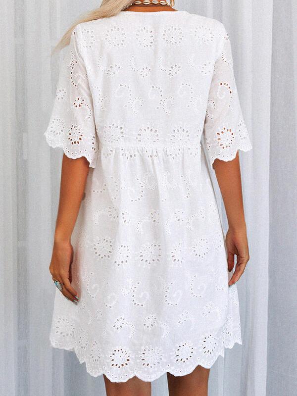 White Lace Hollow V neck Short sleeved Dress