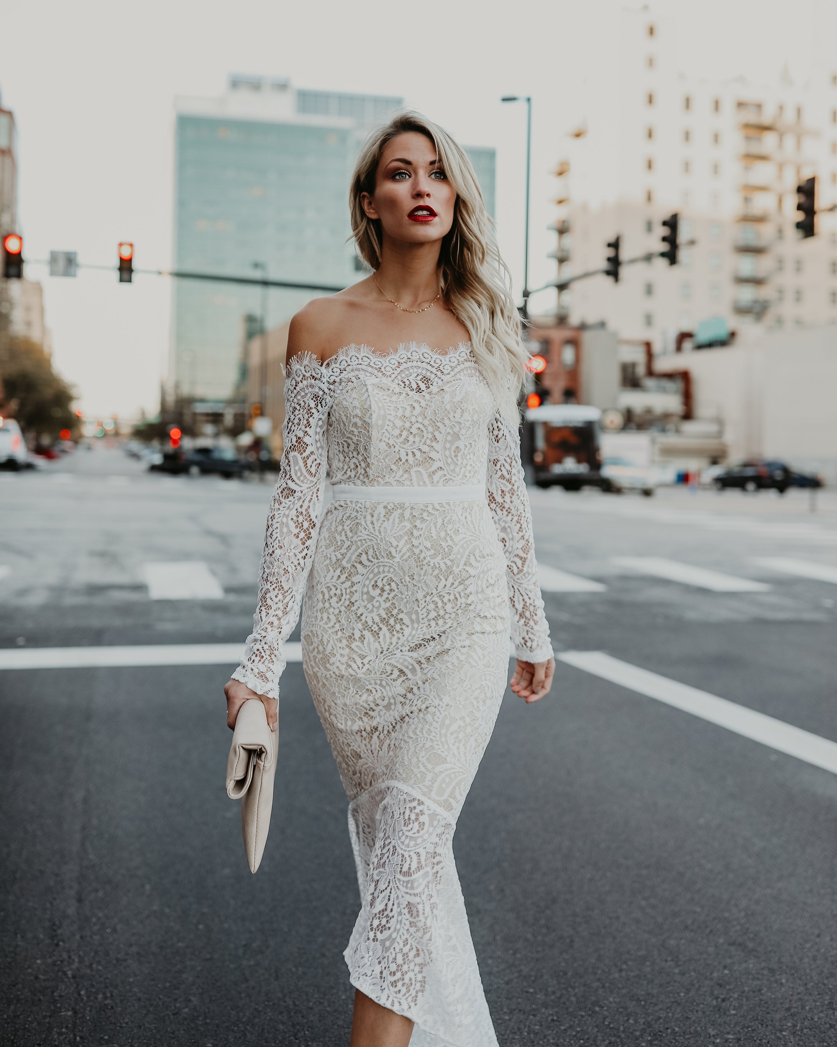 Elegance Lace Trumpet Dress White