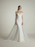 Long Sleeves In Lace Wedding Dress Vestido De Novia Bow Satin Court Train Mermaid Sleeves Bridal Gowns Mermaid Modern Princess White Satin