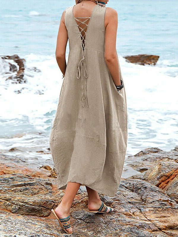 Casual V Neck Sleeveless Pocket Dress