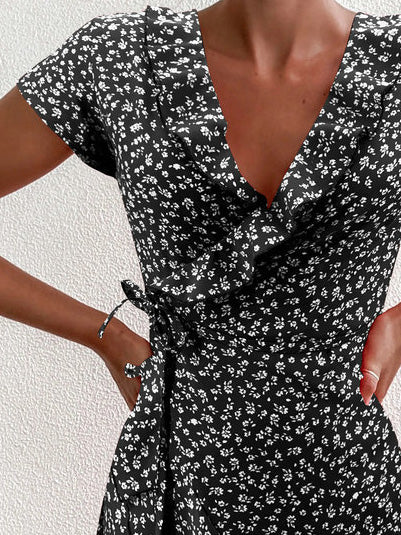 Floral V Neck Ruffled Lace Up Dress