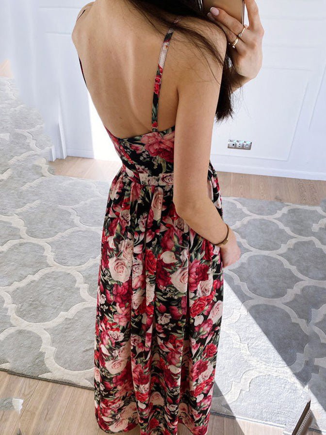 Printed Deep V Neck Slit Sling Dress