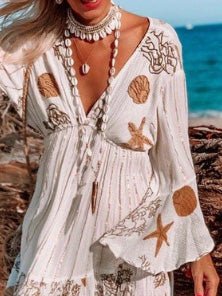 Printed V Neck Fringed Long Sleeve Dress