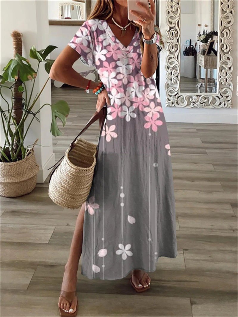 Printed V-Neck Short Sleeve Slit Dress Ins Street