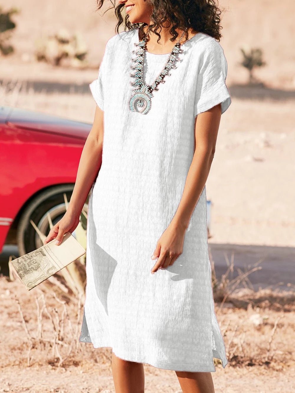 Round Neck Short Sleeve Slit Dress Ins Street