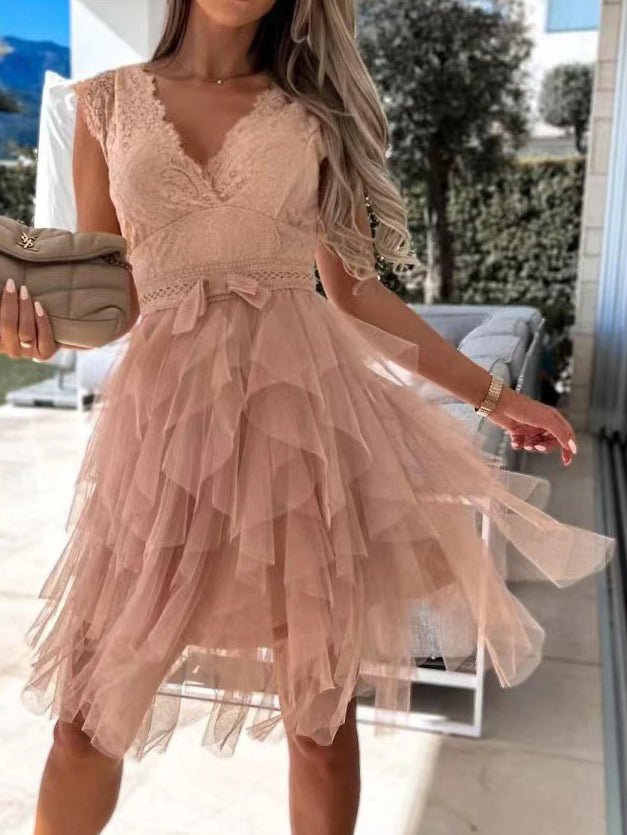 V Neck Lace Mesh Irregular Dress