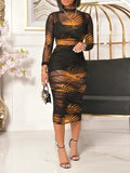 Vintage Print Mesh Long Sleeve Three Piece Dress Ins Street