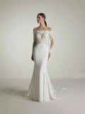 Mermaid Wedding Dress with Off-Shoulder Neckline Vestido De Novia Bow Satin Court Train Sleeves Bridal Gowns Modern Princess White Mermaid Satin